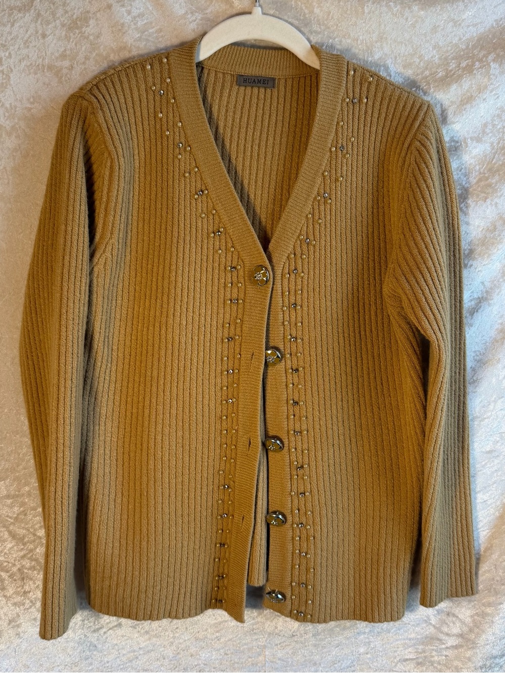 HUAMEI Tan Wool Blend Pearl Rhinestone Ribbed Cardigan Sweater M